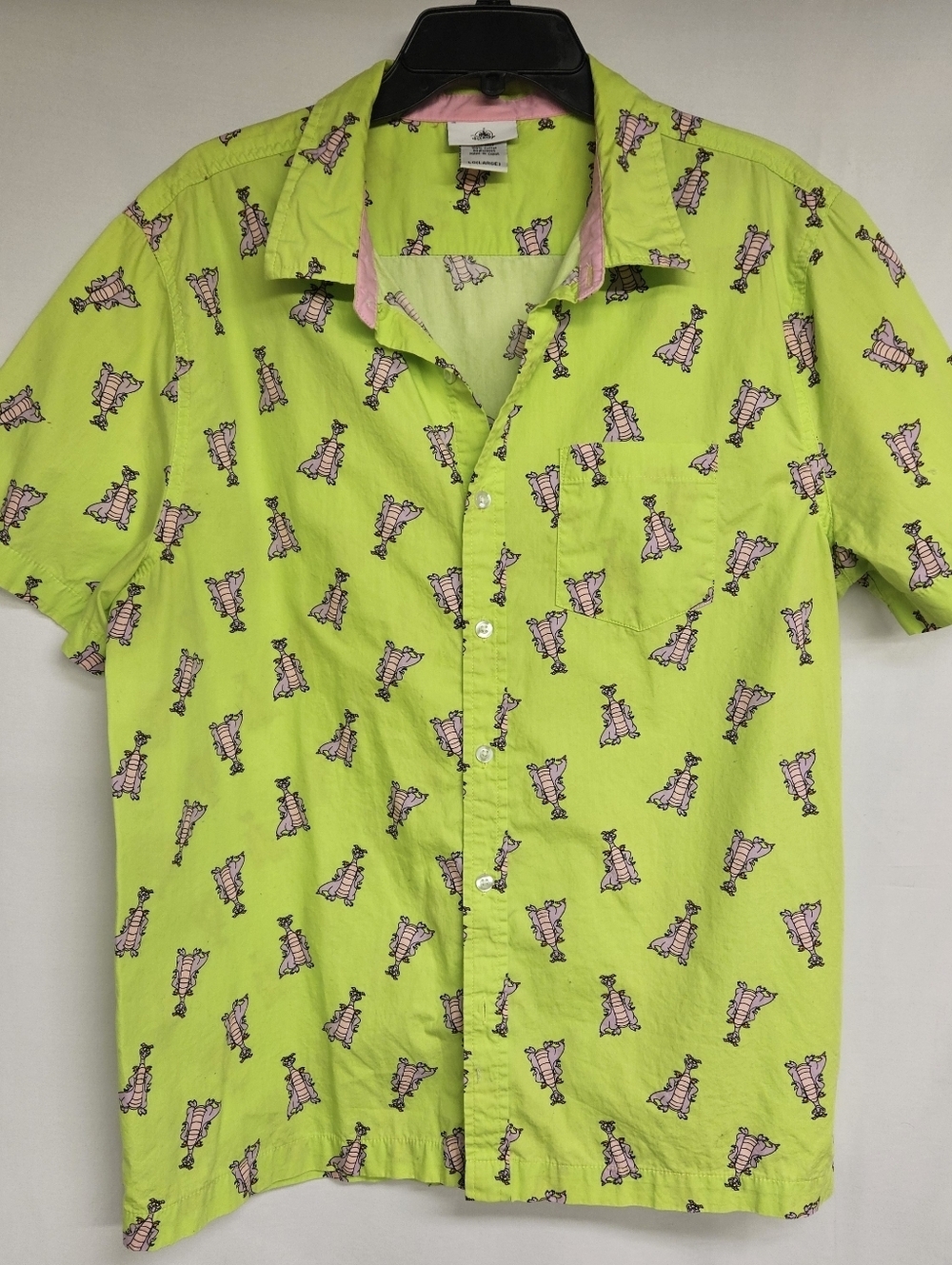 DISNEY FIGMENT AOP DRESS BUTTON DOWN COLLAR SHIRT  LARGE GREEN PINK